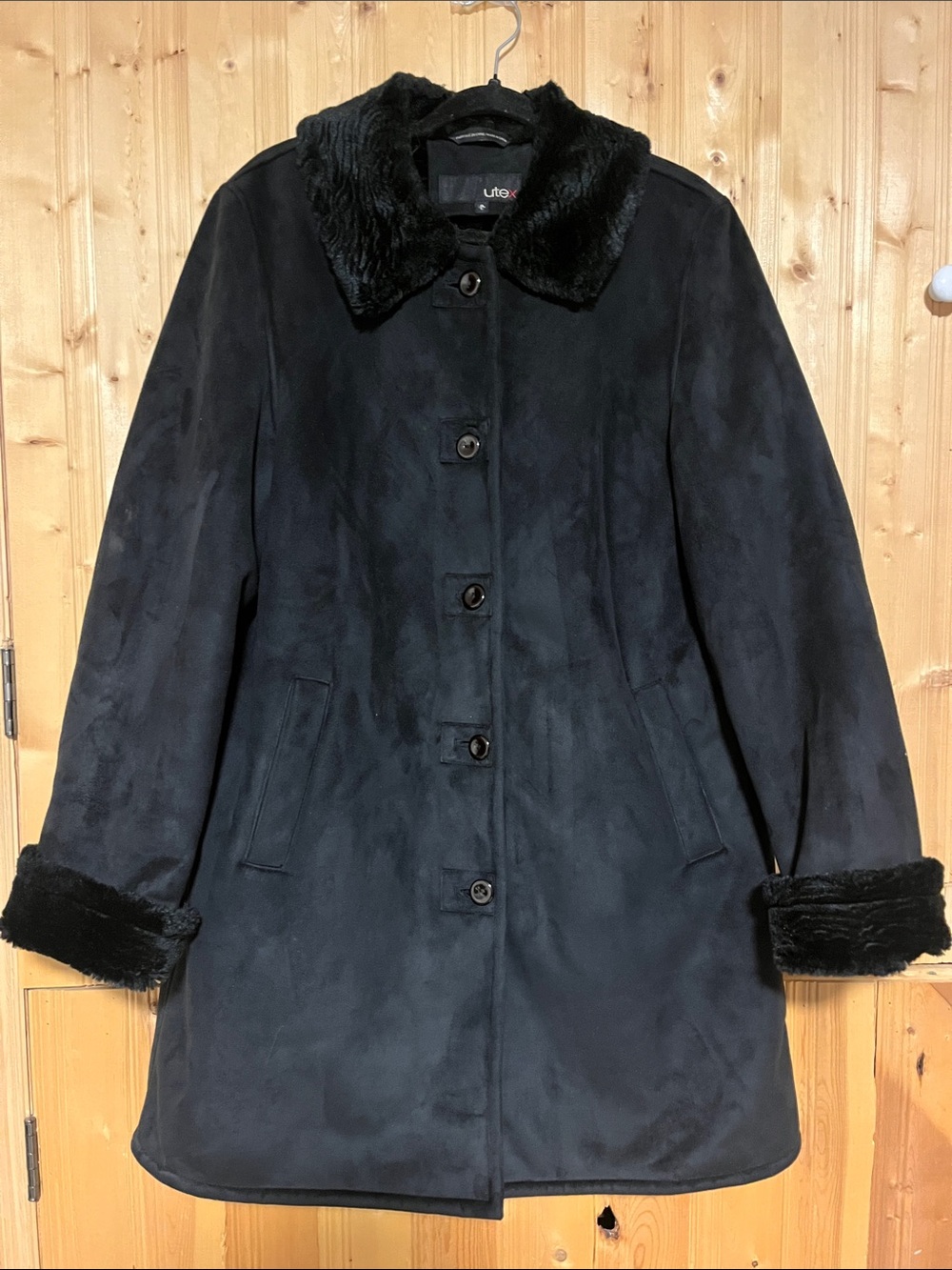 Utex Black Faux-Fur Trimmed Pea Coat